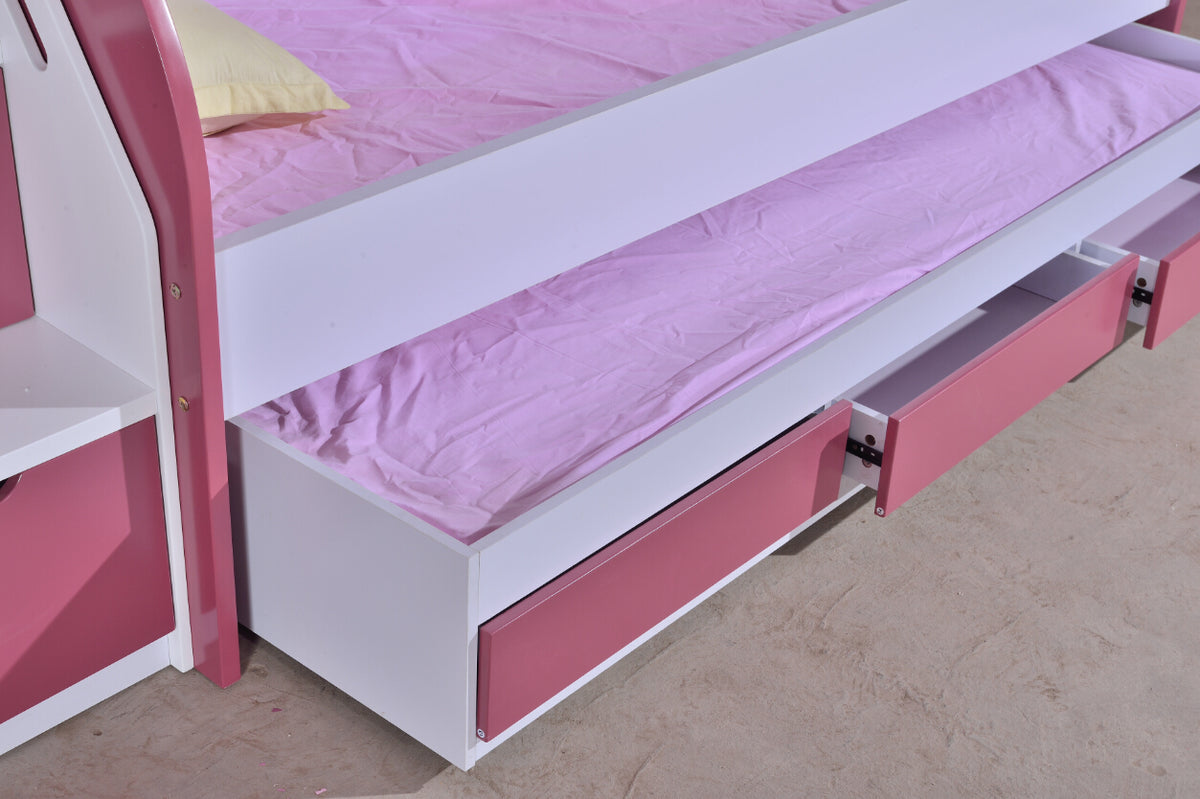 model 8206pr KING SINGLE PURPLE BUNK BED + TRUNDLE +STAIRCASE +DRAWER back4more