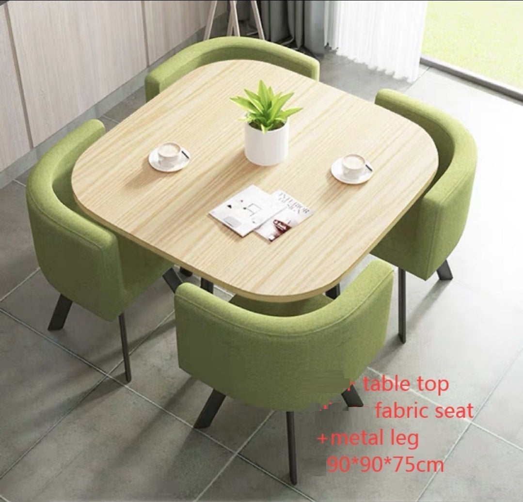 NEW MODERN space saver 4 Green fabric chairs & light brown wooden tabl – back4more