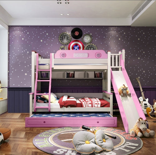 MODEL AM01 SINGLE OVER DOUBLE PINK SLIDE BUNK BED+SLIDE+single trundle childrens Bedroom
