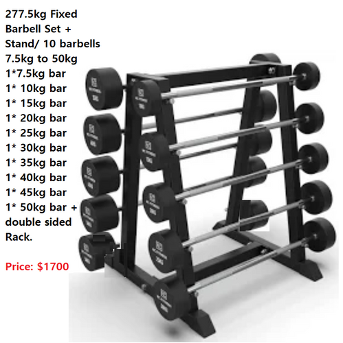 277.5kg Fixed Barbell Set + Stand/ 10 barbells 7.5kg to 50kg gym
