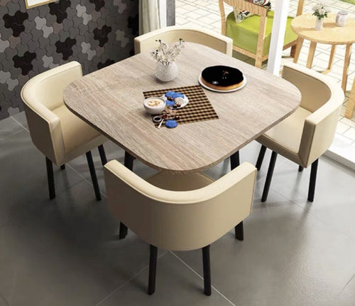NEW MODERN space saver 4 PU leather beige chairs & light brown wooden table top Dining Table / 5 pcs set