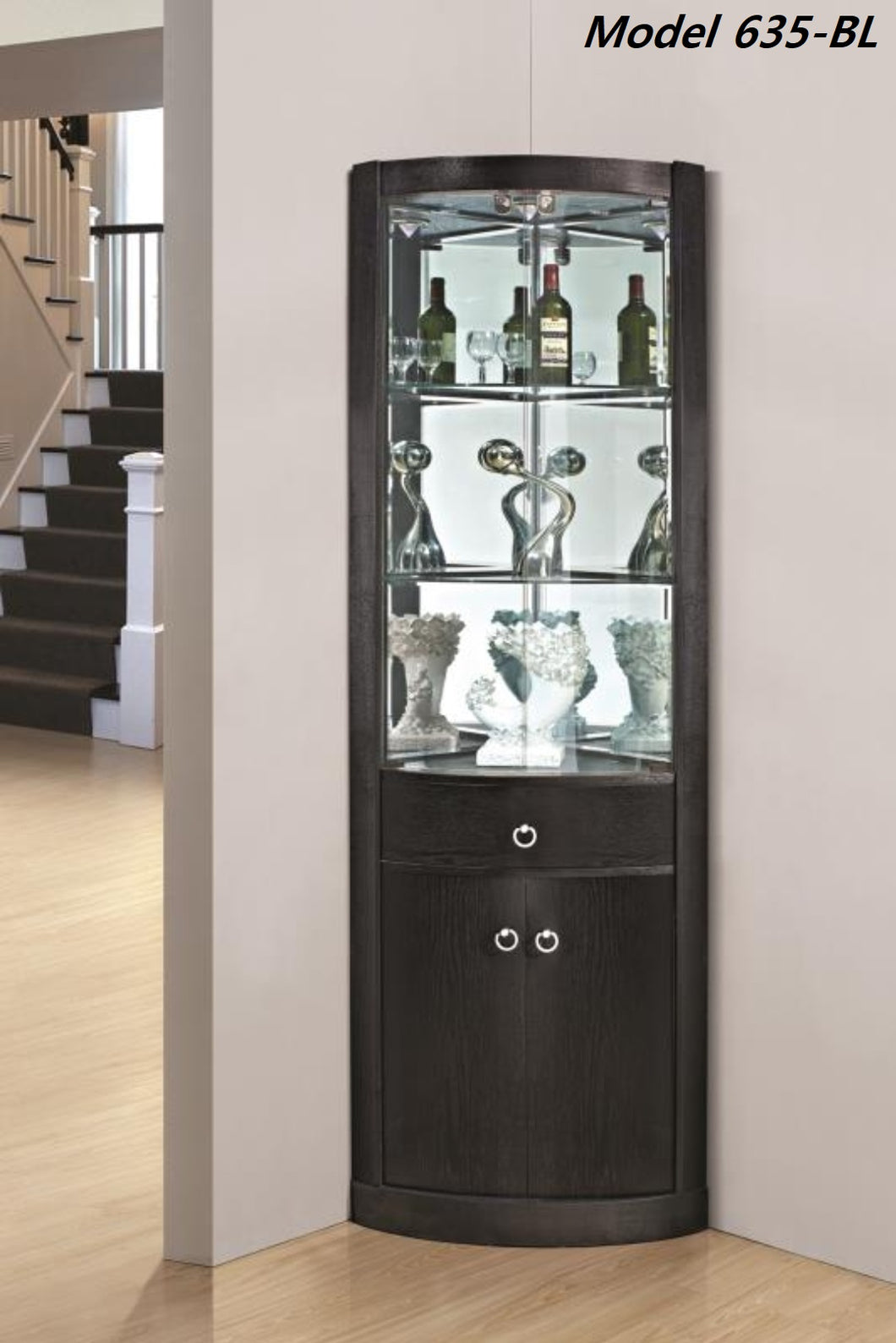 Corner mirrored back BLACK Glass & wood Display Cabinet Show Case Storage Corner model 635-B