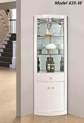 Corner mirrored back WHITE Glass & wood Display Cabinet Show Case Storage Corner model 635-W