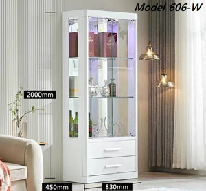 MODEL 606 white LOCKABLE mirrored back lights Glass wood Display Cabinet Storage wall CABINET