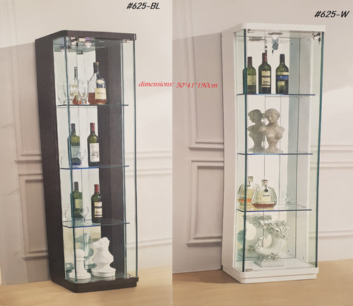 MODEL 625 BLACK OR WHITE MIRRORED BACK Glass &wood Display Cabinet Show Case Storage LOCKABLE LIGHT