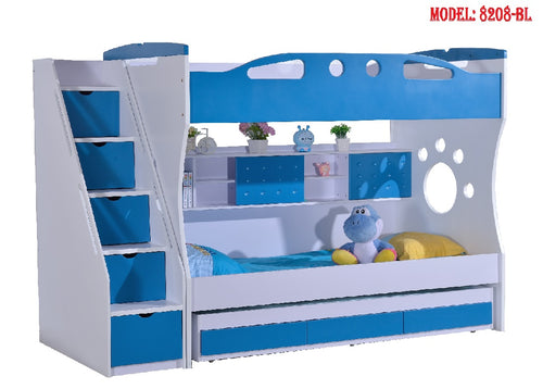 Model 8208-BL king single BLUE BUNK BED + TRUNDLE +STAIRCASE +DRAWERS Childrens Bedroom