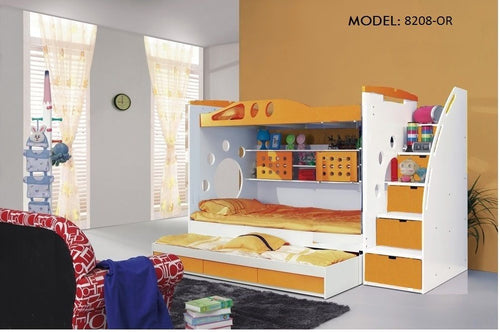 Model 8208-OR King single ORANGE BUNK BED + TRUNDLE +STAIRCASE +DRAWERS Childrens Bedroom