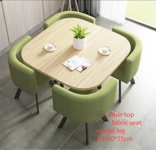 NEW MODERN space saver 4 Green fabric chairs & light brown wooden table top Dining Table / 5 pcs set