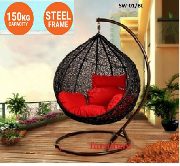 BLACK BASKET WITH RED CUSHION HANGING SWING  CUSHION  EGG CHAIR outdoor swing