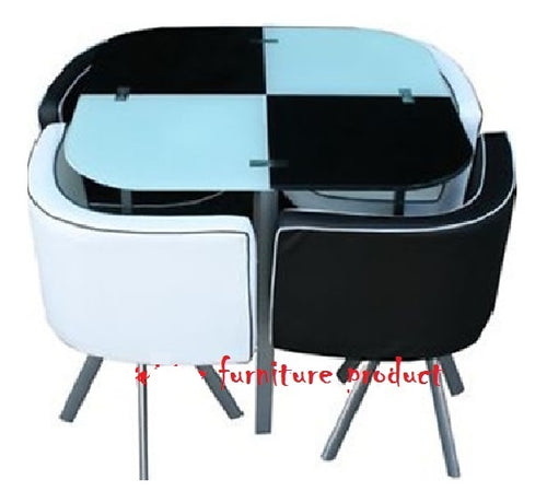 NEW MODERN space saver BLACK & WHITE square Glass Dining Table & 4 Chairs Set