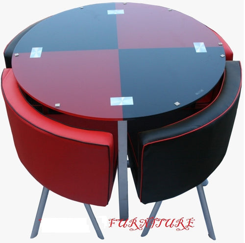 NEW MODERN space saver BLACK & RED round Glass Dining Table & 4 Chairs Set