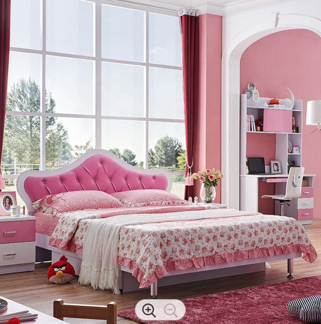 girls pink single bed & storage leather bedhead