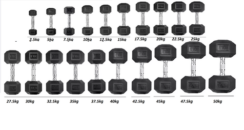 Hex dumbbells varios weights from 2.5kg upto 50kg gym weights