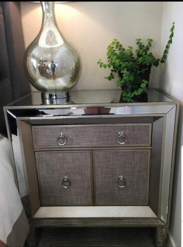 NEW LARGE VINTAGE MIRRORED BEDSIDE TABLE WITH FABRIC DRAWERS