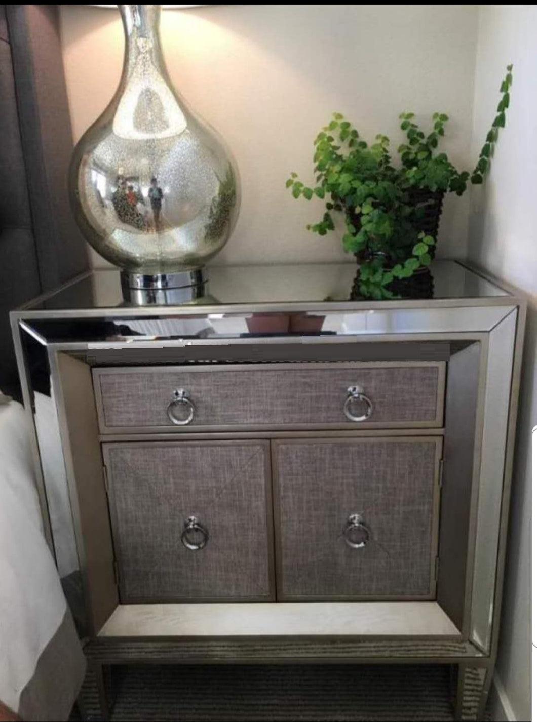 NEW LARGE VINTAGE MIRRORED BEDSIDE TABLE WITH FABRIC DRAWERS
