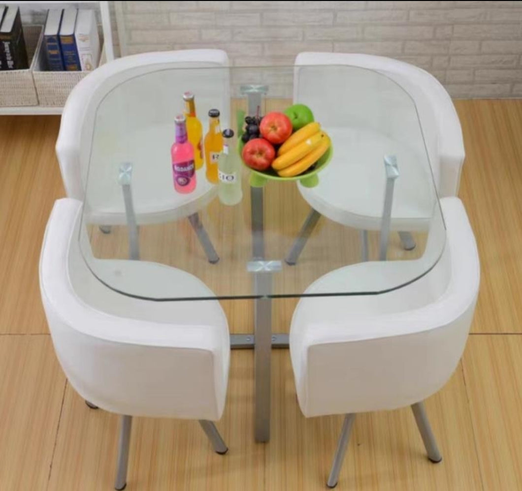 NEW MODERN space saver 4 white chairs & transparent Glass table top Dining Table / 5 pcs set