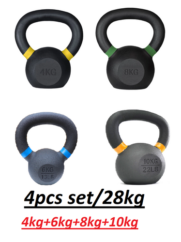 package deal 28kg set/4 pcs / Cast iron Kettle bells color coded 4kg to 10kg Powder Coating gym gear