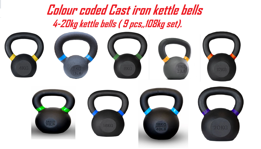package deal 108kg set/9 pcs / Cast iron Kettle bells color coded 4kg to 20 kg Powder Coating gym gear