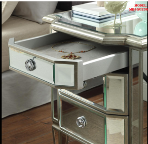 NEW VINTAGE MIRRORED BEDSIDE TABLE WITH GOLD LINING