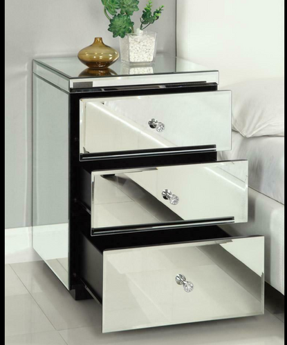 2* MIRRORED BEDSIDE TABLE WITH 3 DRAWERS CRYSTAL HANDLES