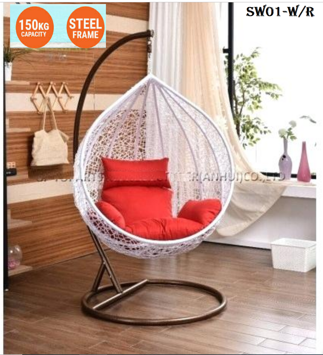 WHITE & RED HANGING SWING  CUSHION  EGG CHAIR outdoor swing