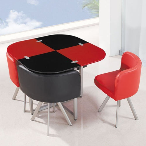 NEW MODERN space saver BLACK & RED SQUARE Glass Dining Table & 4 Chairs Set