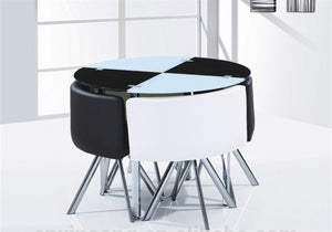 NEW MODERN space saver BLACK & WHITE round Glass Dining Table & 4 Chairs Set