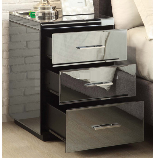 2 SMOKED MIRRORED BEDSIDE TABLE WITH 3 DRAWERS